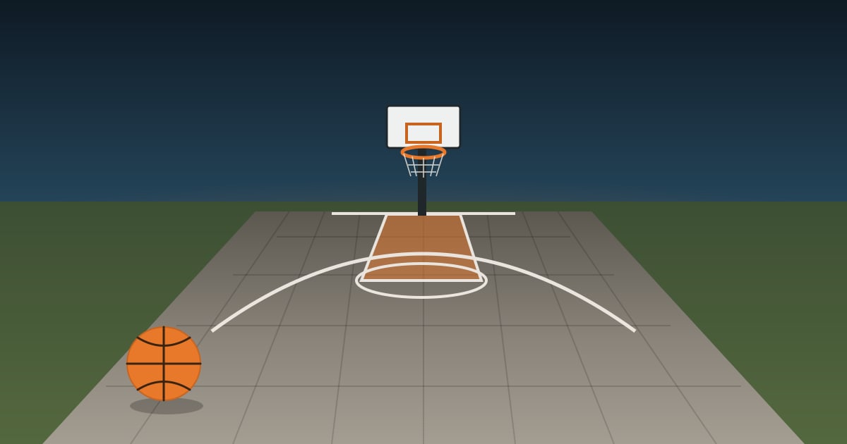 Illustration of a backyard concrete basketball court with painted key, three-point line, and hoop
